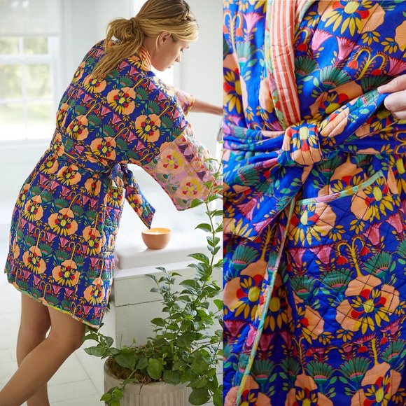 NEW Rare Mary O'Malley Anthropologie Abstract Patchwork Reversible Quilted Robe - Picture 5 of 17